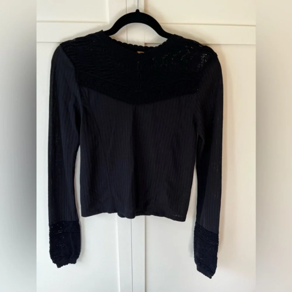 Free People Women’s Boho Black Crochet Knit Sweater Top Size XS
